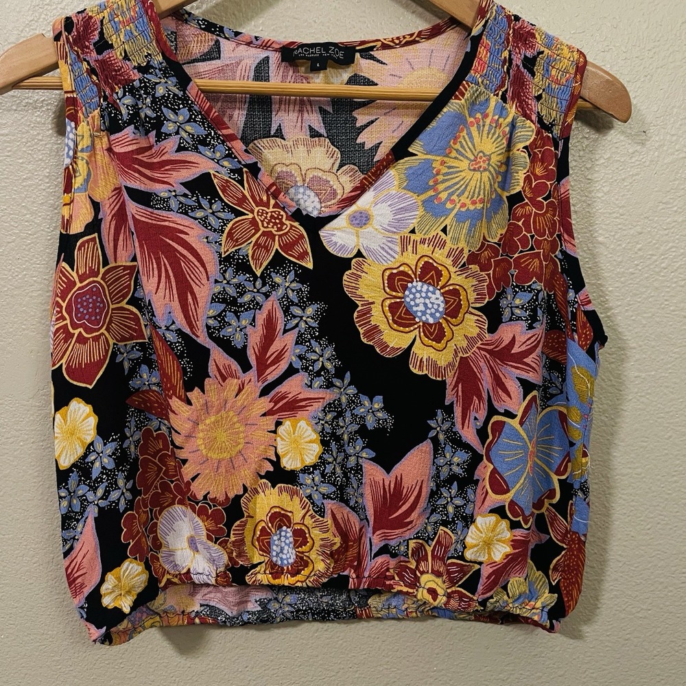 Rachel Zoe Cropped Floral Top Sleeveless Boho Whimsy Groovy Cottagecore‎ Sz L